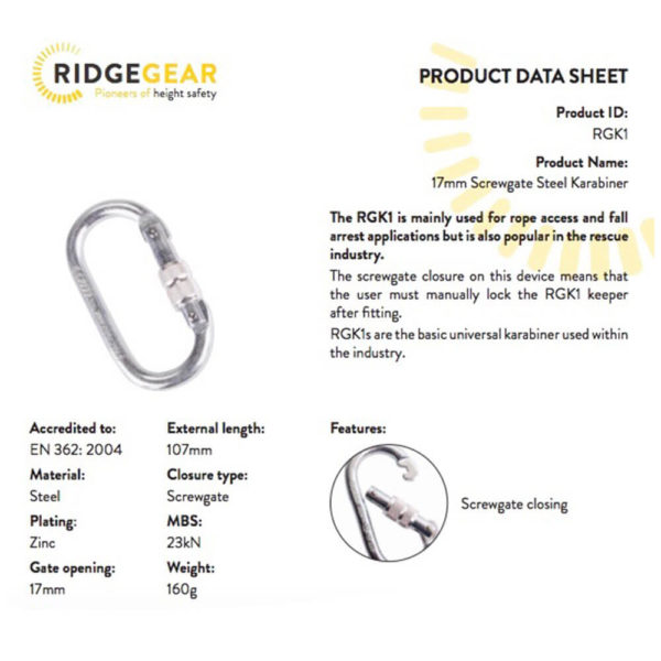 RGK1 Screwgate Steel Karabiner Data sheet